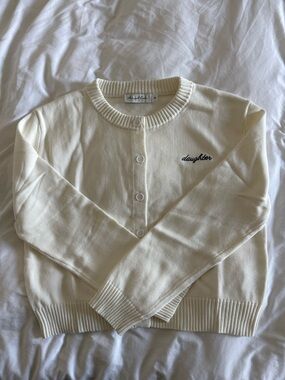 Embroidered Cream Crewneck Cardigan Sweater